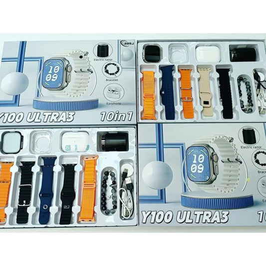 Y100 Ultra3 Smart Watch 10-in-1 Set – 5 Straps, Wireless Earphones & Electric Razor