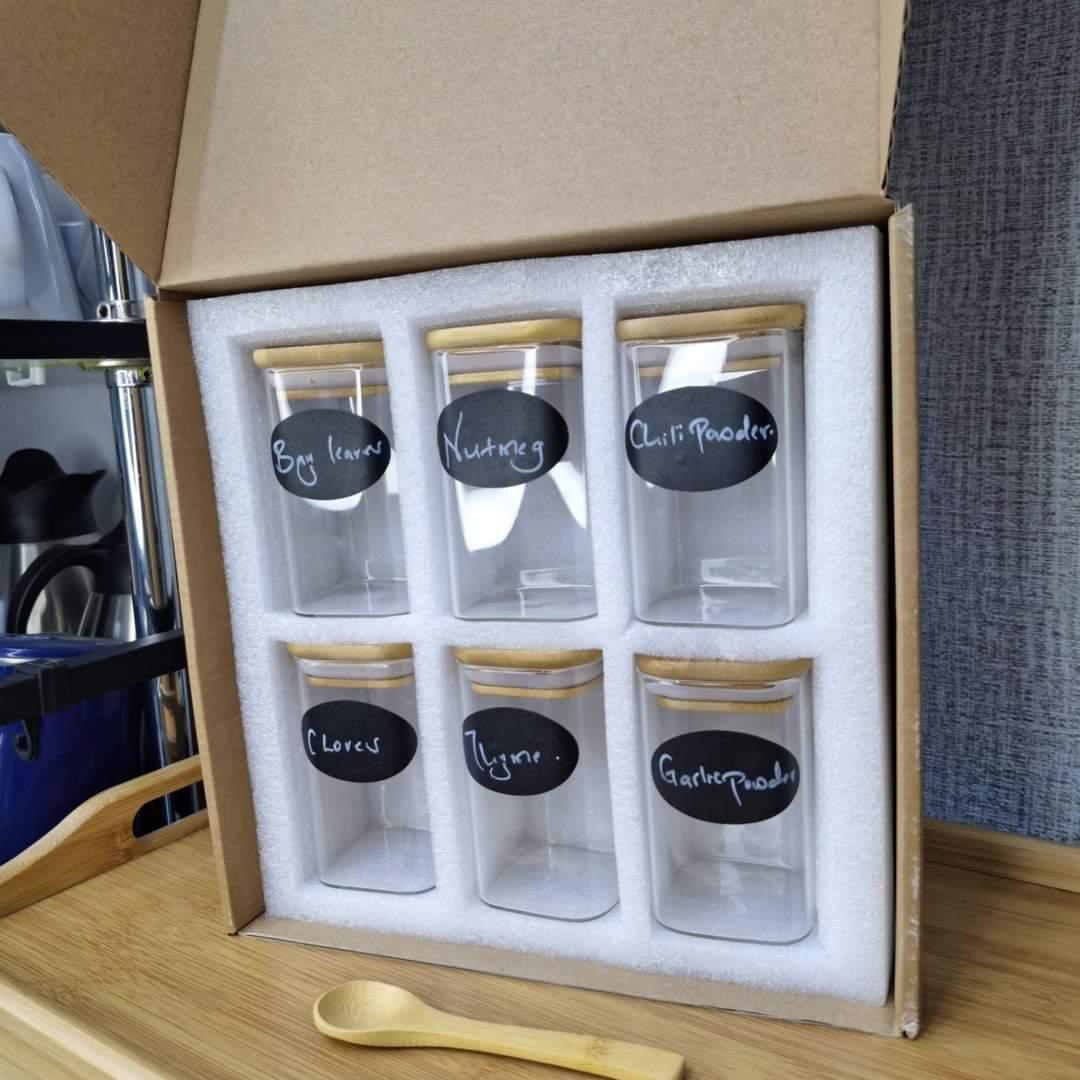 6-Pack Square Glass Jars with Bamboo Lid and Spoon