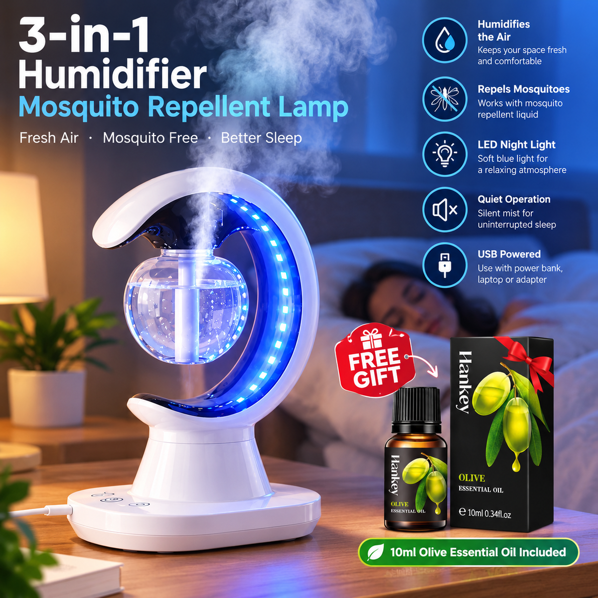 3-in-1 Multifunctional Humidifier Mosquito Repellent Lamp with LED Night Light