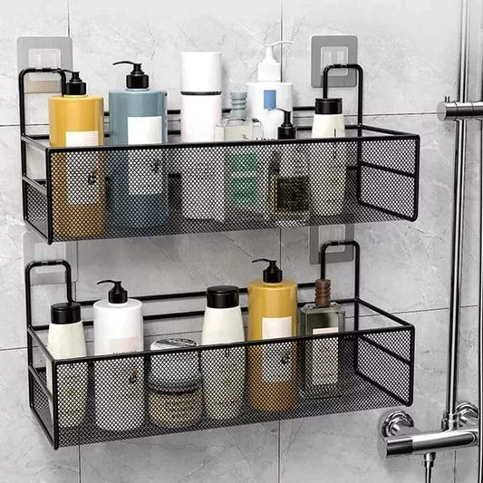 Wall-mounted bathroom shelf shower shampoo rack with hooks