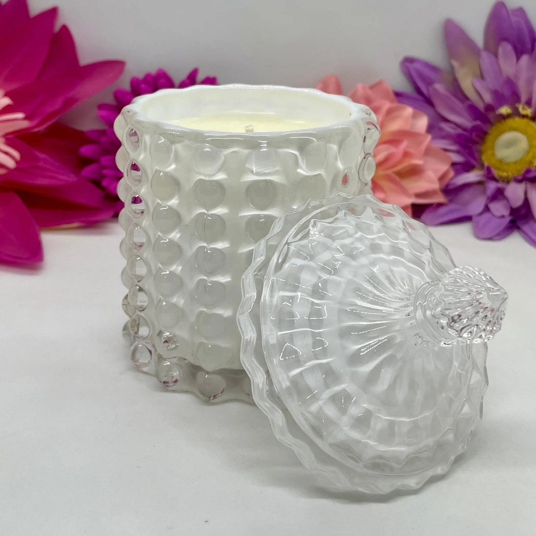 This elegant, eye catching, crisp white glass sugar dish, vessel gives old school candy jar vibes