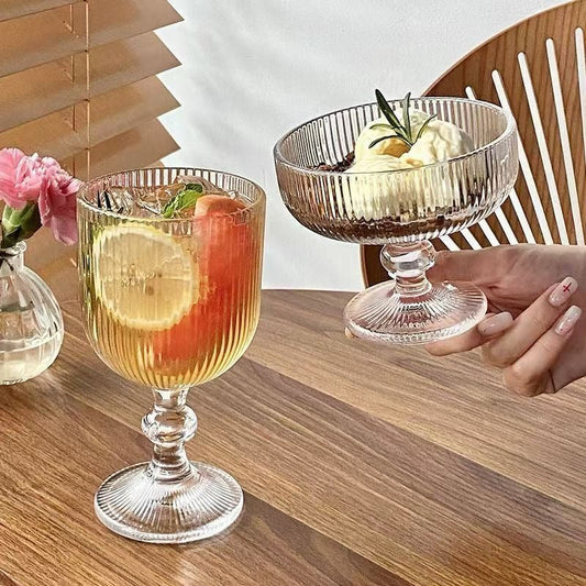 Vintage Wine Glasses Set of 4, 12 oz Glass Drinkware Sets, Ripple Drinkware Embossed Unique Vintage Glasses Drinking, Vertical Line Goblet Glasses, Water Goblets, Wedding, Party, Dinner, Bar