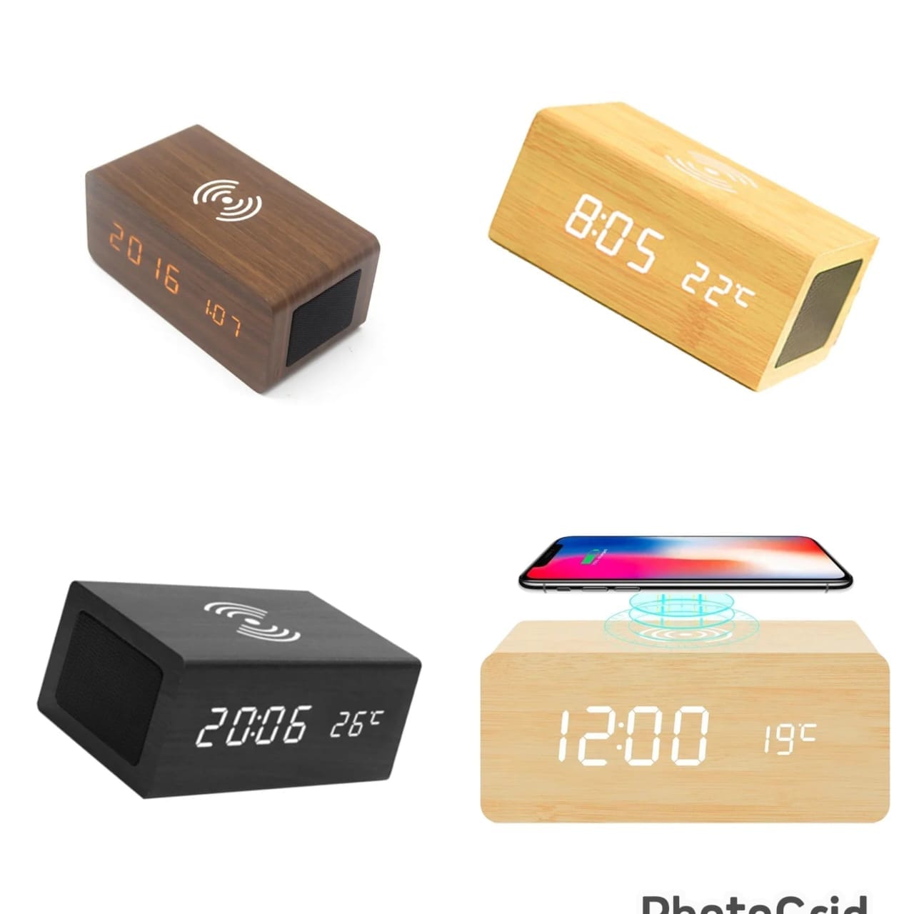 Wireless Charging Bamboo Wooden Digital Alarm Clock Bluetooth Speaker with Temperature Display