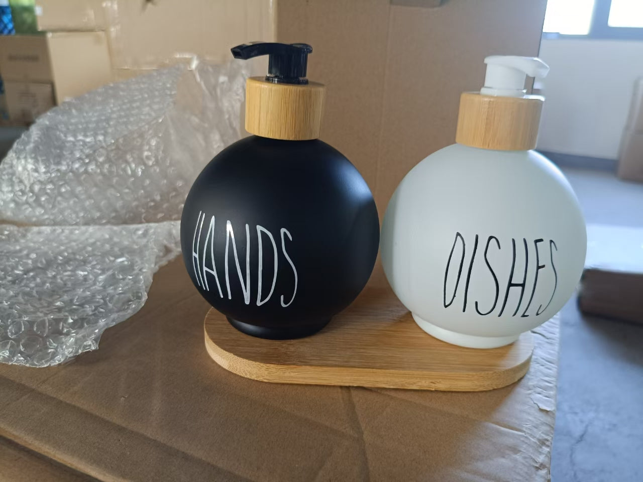 Black and White Hands and Dishes Soap Dispenser Set with Bamboo Tray