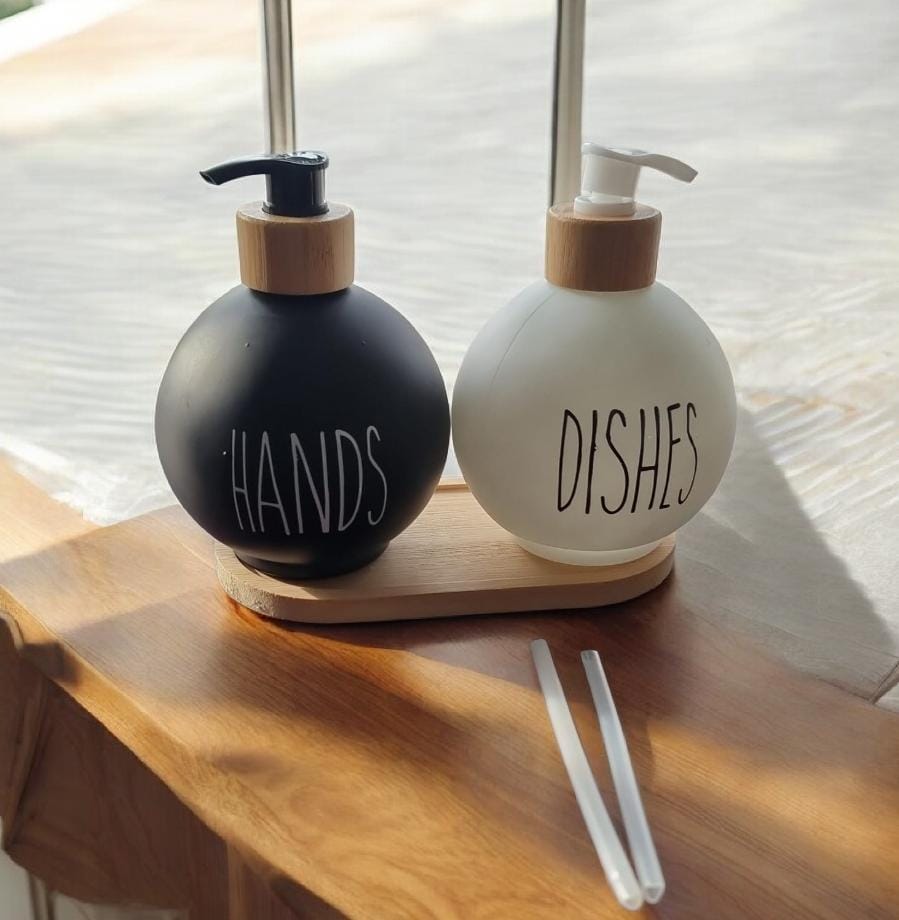 3-in-1 Refillable Ceramic Soap & Lotion Bottle Set with Bamboo Base – 500ml