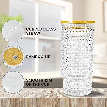 Thick Glass 320ml / 11oz Smoothie Glass with Bamboo Lid & Glass Straw