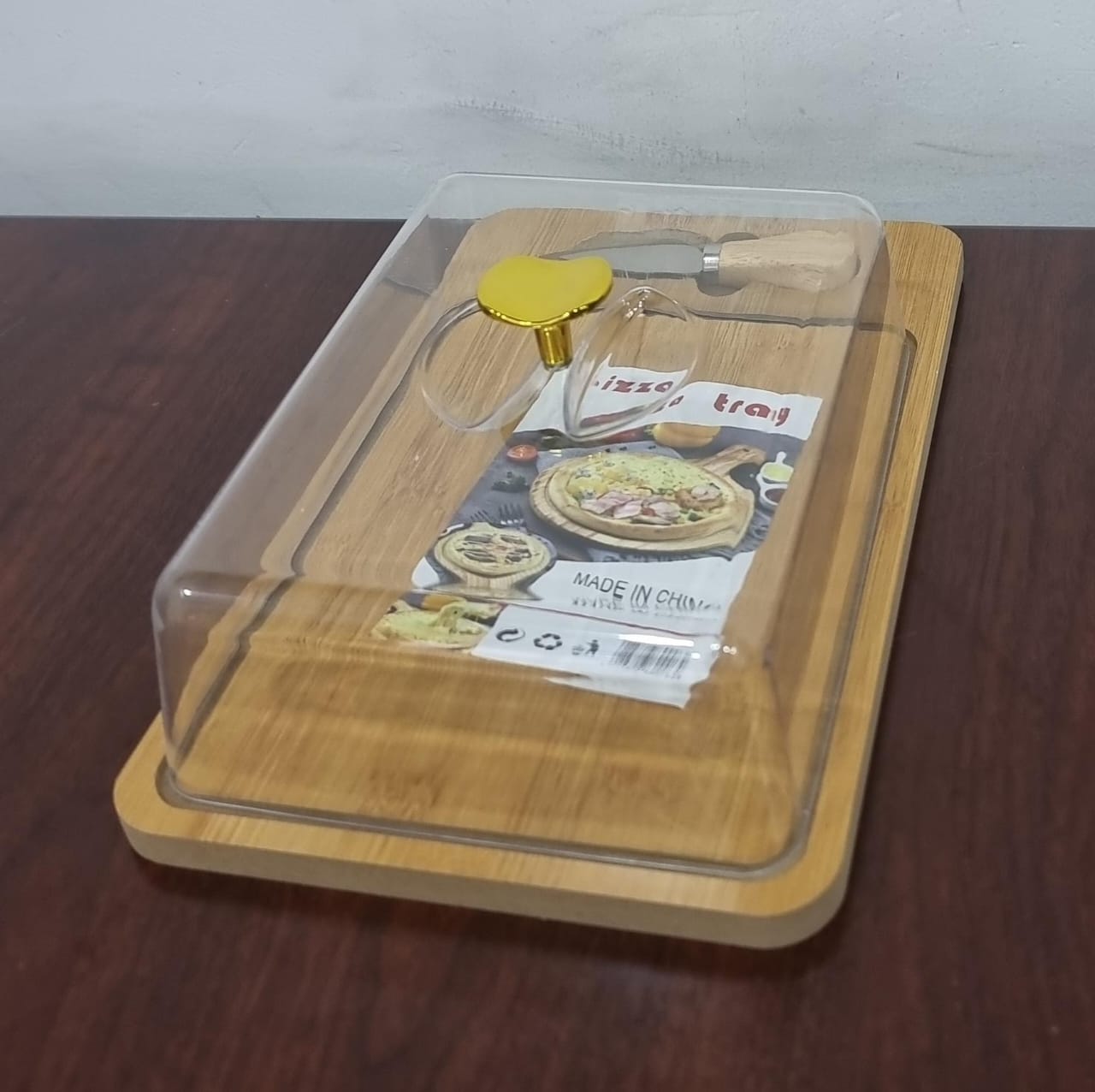 Wooden Pizza Tray Set with Acrylic Cover & Knife – 30x20cm