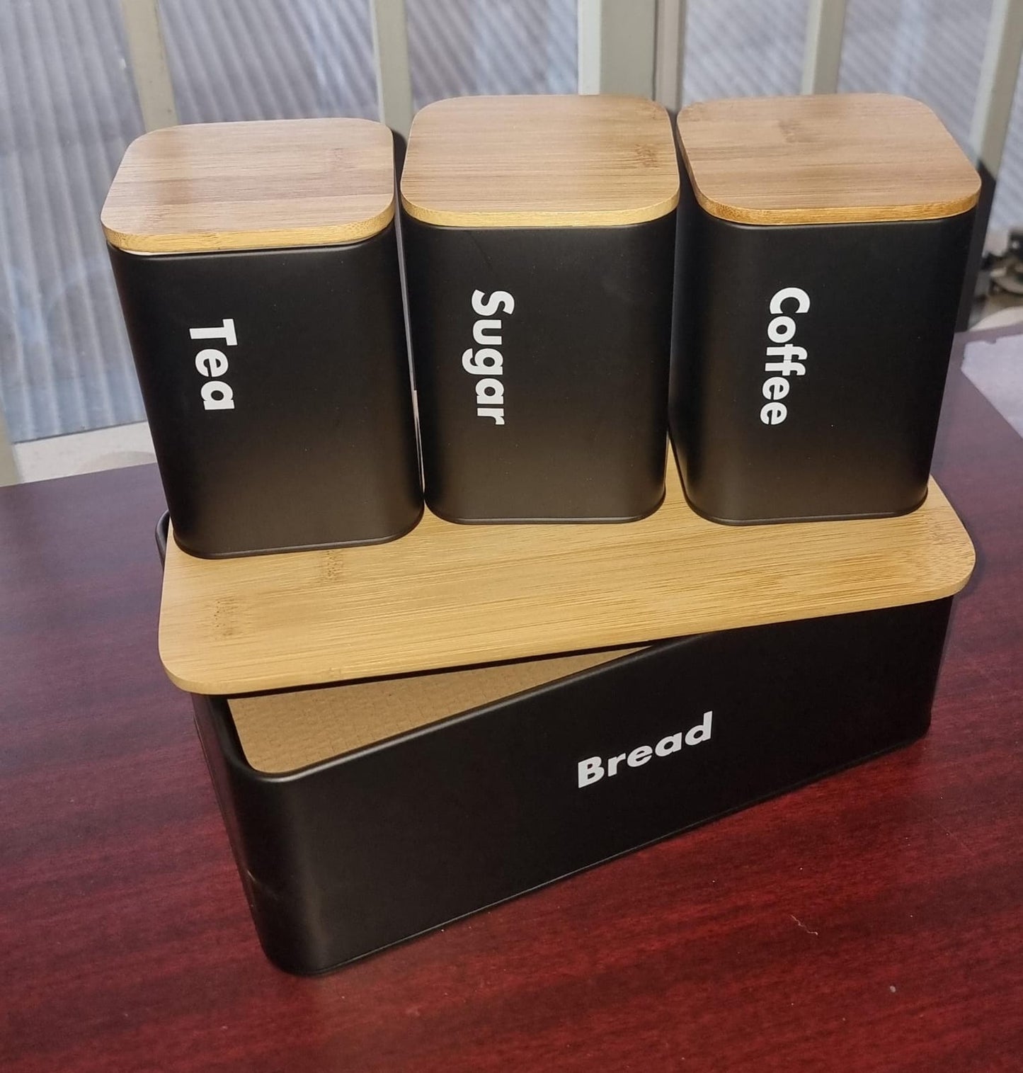 Bread Bin & Canister Set – 33x18x13cm Bin + 3x1300ml Bamboo-Lid Canisters