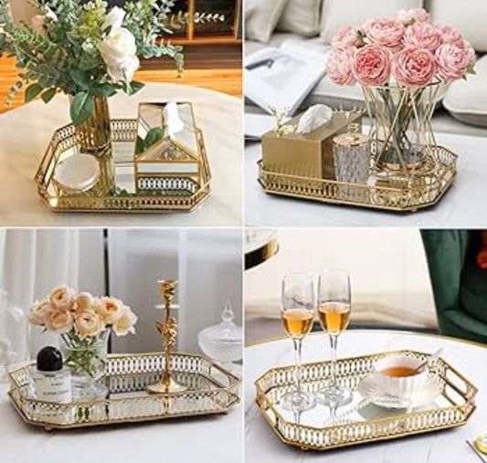 Vanity Decorative Gold Vintage Mirror Tray (Round / Rectangular)