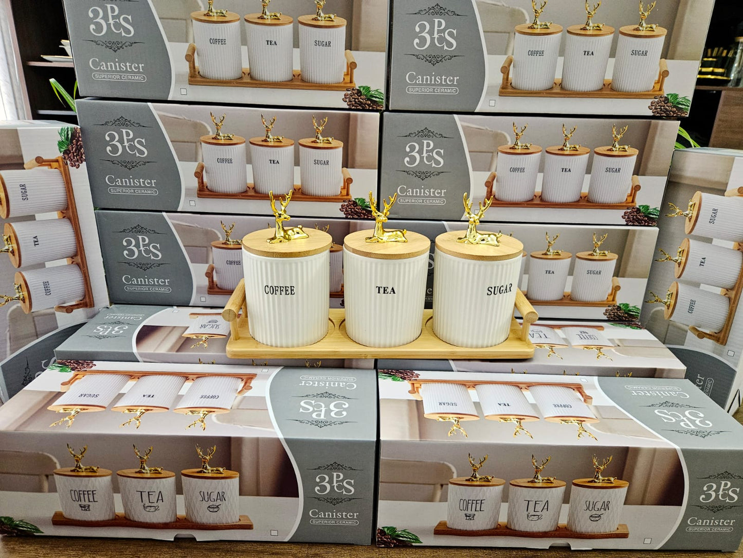 3-Piece Ceramic Canister Set with Bamboo Stand