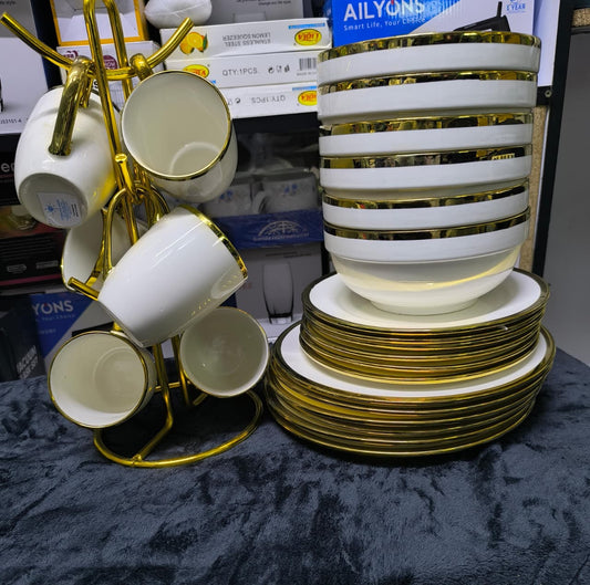 24-Piece Ceramic White & Gold Dinner Set