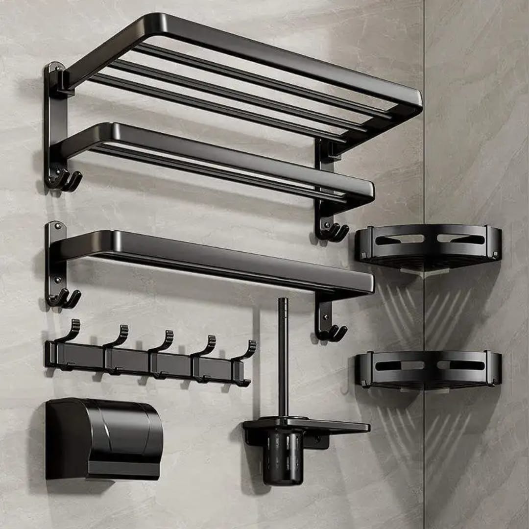 7-Piece Black Multifunctional Aluminum Bath Towel Storage Rack Set
