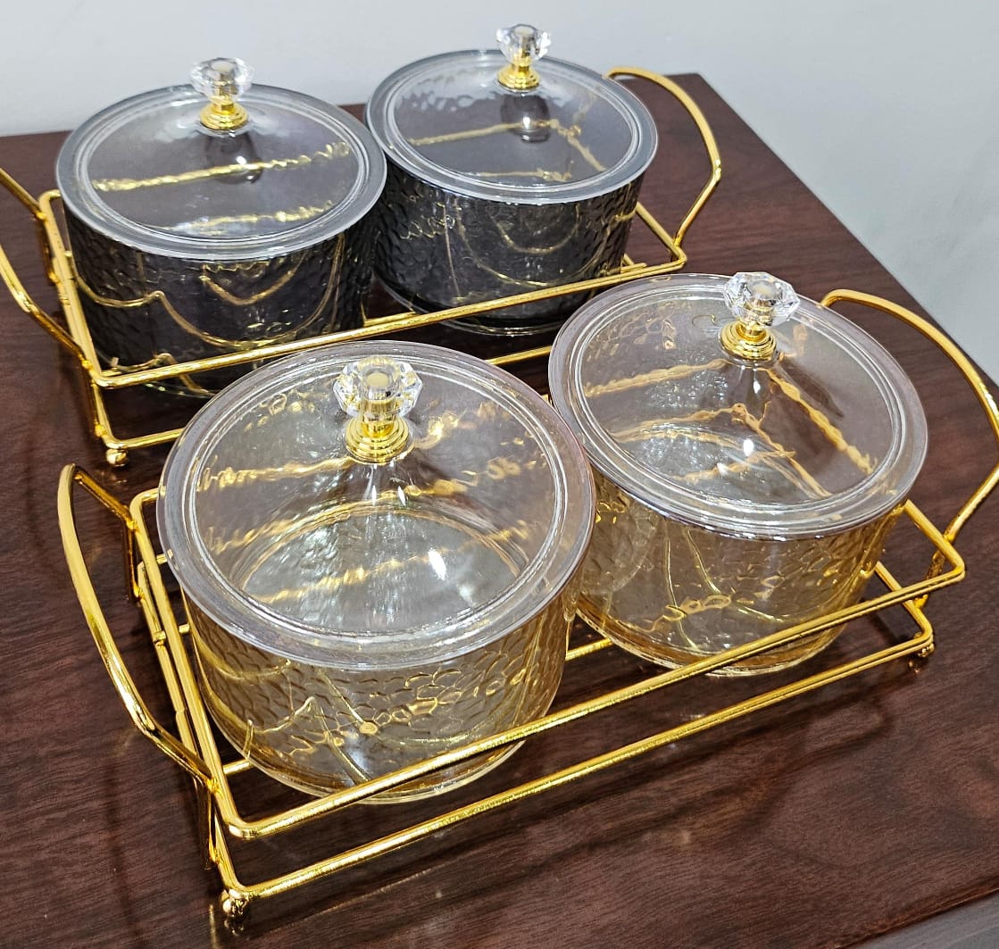 2-in-1 Heavy Glass Golden Sugar Dish Set with Luxury Gold Frame – 200ml Canisters