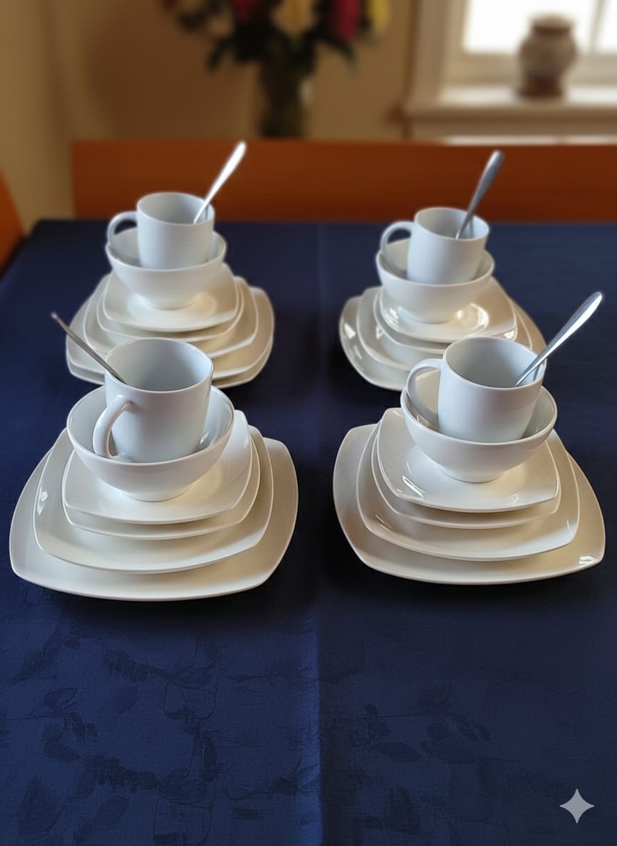 42-Piece Ceramic Square Plain White Dinner Set