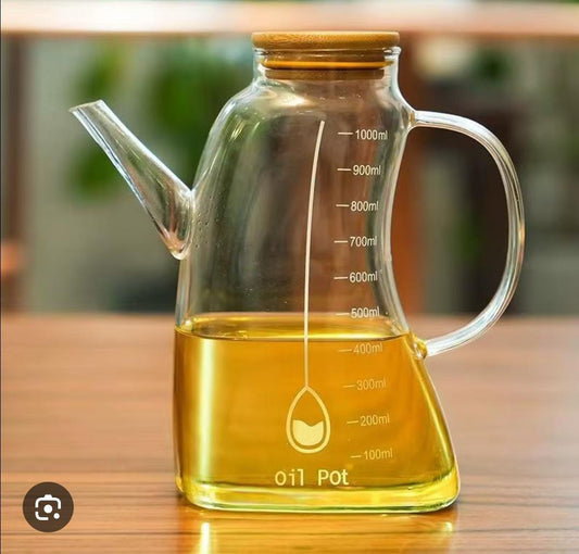 Premium Glass Oil Pot with Bamboo Lid and Easy-Pour Spout