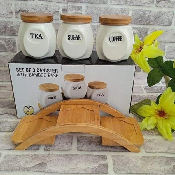 3pcs Ceramic Canisters Set with Bamboo Rack and Wooden Lids