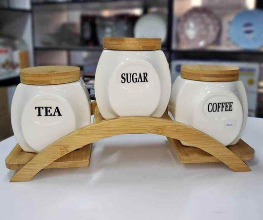 3pcs Ceramic Canisters Set with Bamboo Rack and Wooden Lids