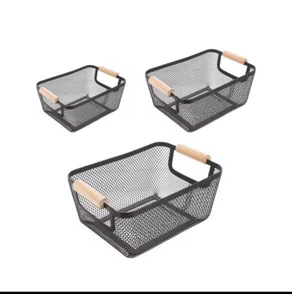 Mesh Plastic Storage Baskets with Bamboo Handles – 3pcs Set