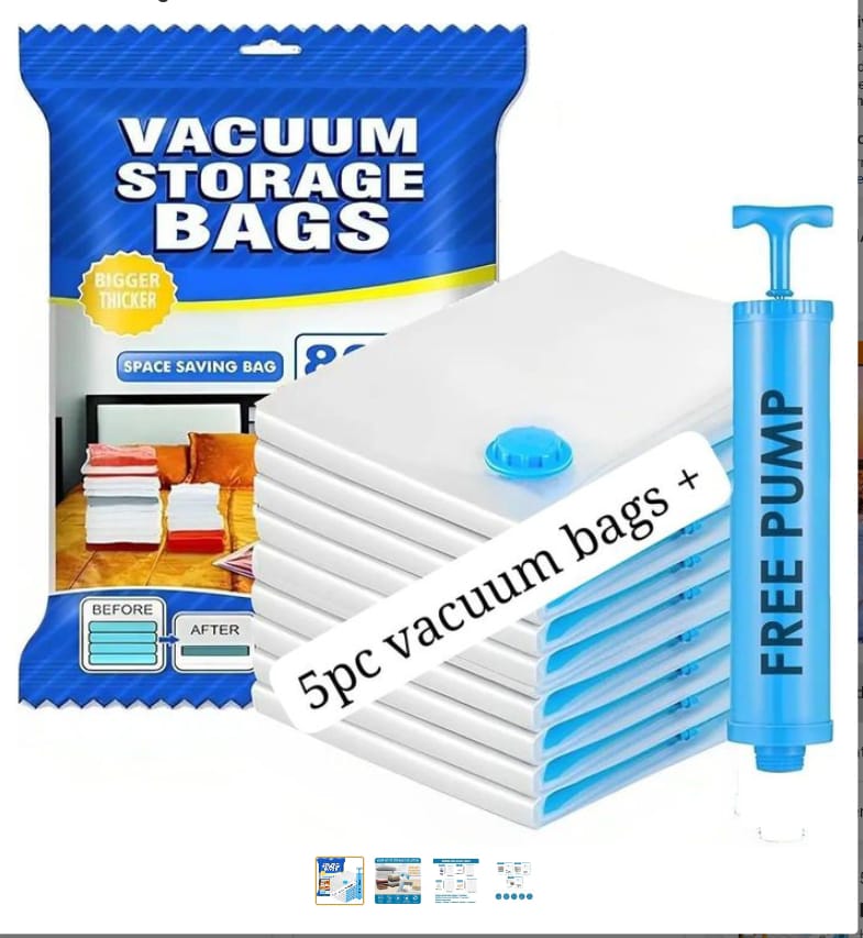 5-Piece Vacuum Compression Storage Bags + Pump Space-Saving