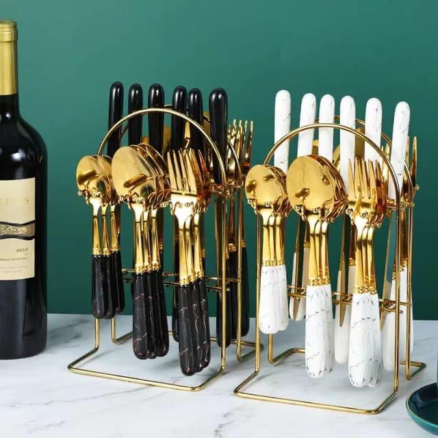 24-Piece Marble Black & White Cutlery Set with Golden Rack
