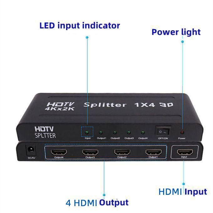 HDTV 1×4 HDMI Splitter – 4K UHD 3D Support, 1 Input to 4 Outputs, High-Performance Signal Distributor