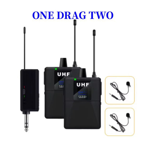 1 Drag 2 UHF Wireless Lavalier Microphone – Dual Transmitter Noise-Reduction Mic for Live Recording & Interview