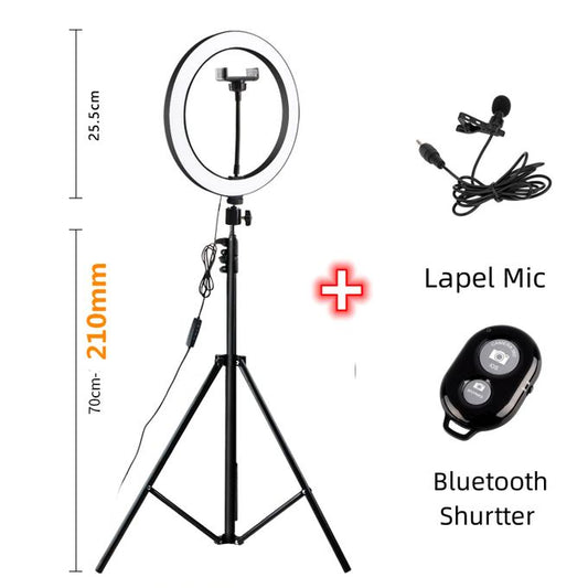 10 Inch Ring Light With 2.1M Tripod Stand + Remote+Lapel Mic