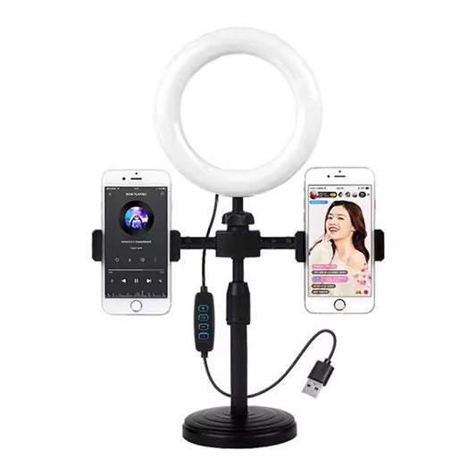 6-Inch Mini Ring Light with Adjustable Tripod & Dual Phone Holder – 360° Rotation Selfie and Live Broadcast Light