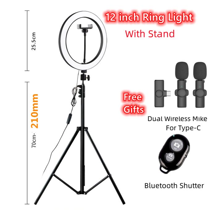 12-Inch LED Ring Light with Adjustable Stand + Dual Wireless Lapel Microphones & Bluetooth Shutter