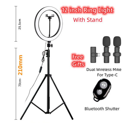 12-Inch LED Ring Light with Adjustable Stand + Dual Wireless Lapel Microphones & Bluetooth Shutter