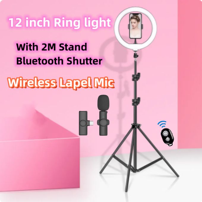 12-Inch LED Ring Light with Adjustable 210 mm Tripod Stand, Wireless Lapel Microphone & Bluetooth Remote