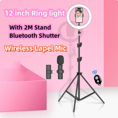 12-Inch LED Ring Light with Adjustable 210 mm Tripod Stand, Wireless Lapel Microphone & Bluetooth Remote