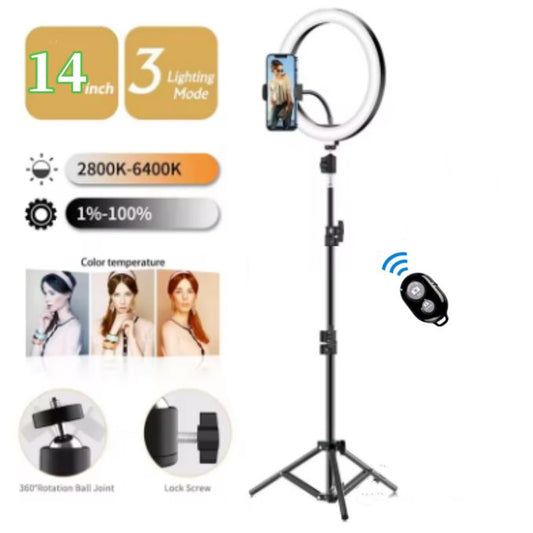 14-Inch LED Ring Light with 2.1M Adjustable Tripod Stand & Bluetooth Remote – 3 Lighting Modes