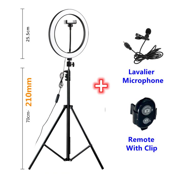 10-Inch LED Ring Light with 2M Adjustable Tripod Stand + Lavalier Microphone + Bluetooth Remote & Clip
