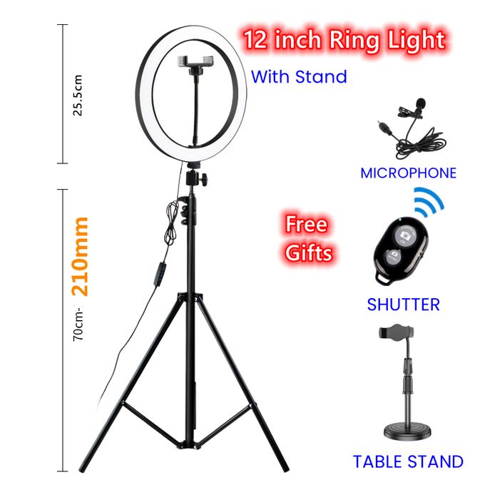 12-Inch LED Ring Light with 2M Tripod Stand + Free Gifts: Microphone, Bluetooth Remote & Table Stand
