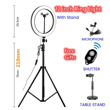 12-Inch LED Ring Light with 2M Tripod Stand + Free Gifts: Microphone, Bluetooth Remote & Table Stand