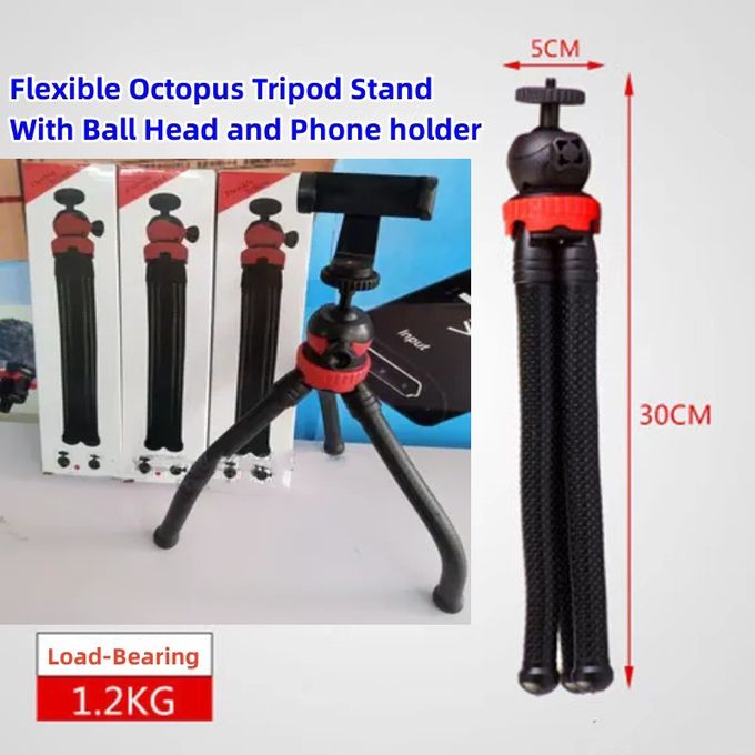 Flexible Octopus Tripod Stand with 360° Ball Head & Universal Phone Holder – 30CM