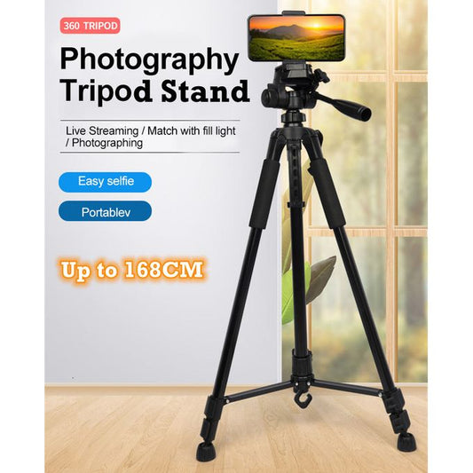 168 CM Adjustable Photography Tripod Stand for Camera & Phone – 360° Rotation, Live Streaming & Selfie Support