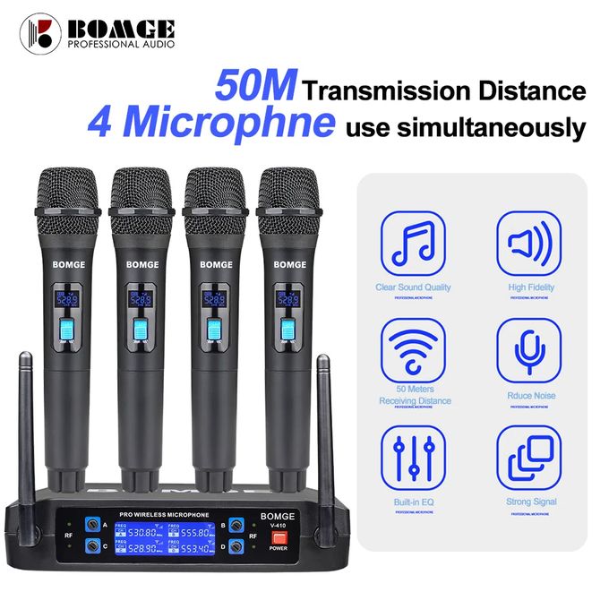 BOMGE 4-Channel Wireless Microphone System – Professional UHF Mic Set for Stage, Church & Events