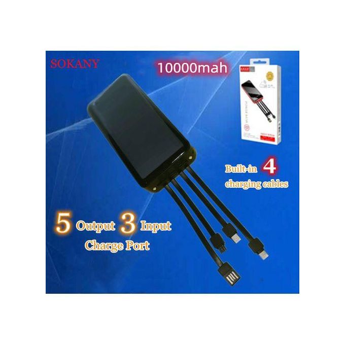 Sokany 10000mAh Power Bank with 4 Built-in Cables – 5 Output, 3 Input Portable Charger