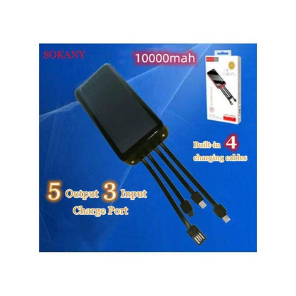 Sokany 10000mAh Power Bank with 4 Built-in Cables – 5 Output, 3 Input Portable Charger