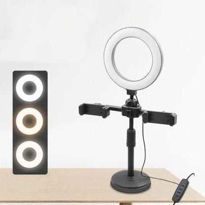 6-Inch Mini Ring Light with Adjustable Tripod & Dual Phone Holder – 360° Rotation Selfie and Live Broadcast Light