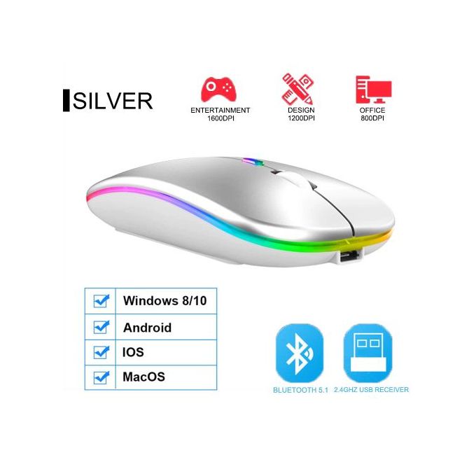 Rechargeable Wireless RGB Mouse – Dual Bluetooth 5.2/3.0 + 2.4G Connection, Silent Click, LED Light