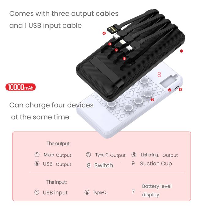 Sokany 10000mAh Power Bank with Suction Cups – Wireless Charging & 4 Built-in Cables