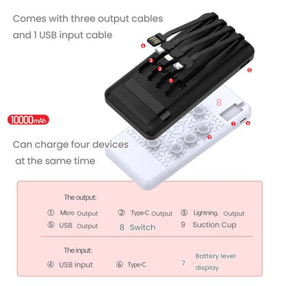 Sokany 10000mAh Power Bank with Suction Cups – Wireless Charging & 4 Built-in Cables