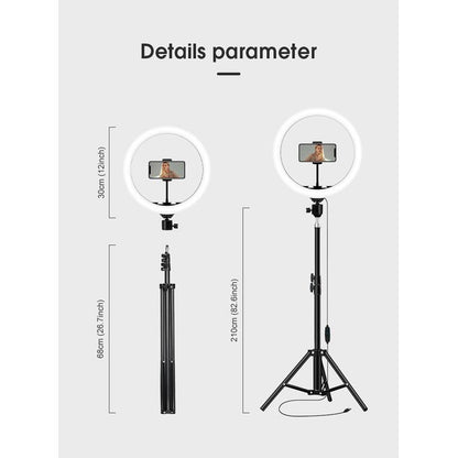 12-Inch LED Ring Light with 2M Tripod Stand + Free Gifts: Microphone, Bluetooth Remote & Table Stand