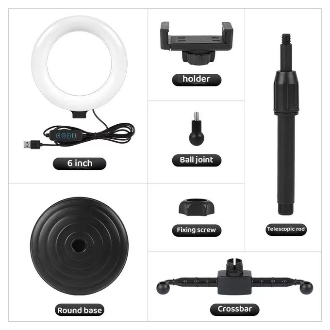 6-Inch Mini Ring Light with Adjustable Tripod & Dual Phone Holder – 360° Rotation Selfie and Live Broadcast Light