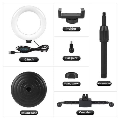 6-Inch Mini Ring Light with Adjustable Tripod & Dual Phone Holder – 360° Rotation Selfie and Live Broadcast Light