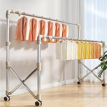 Stainless Steel Laundry Drying Rack With Castors, Extendable Clothing Dryer Rack, Foldable Portable Space Saving Clothes Drying Rack,，With Sock Tray Holder，Double Pole Drying Rack