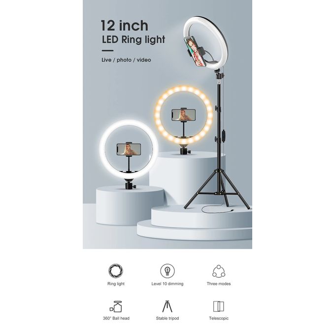 12-Inch LED Ring Light with Adjustable 210 mm Tripod Stand, Wireless Lapel Microphone & Bluetooth Remote